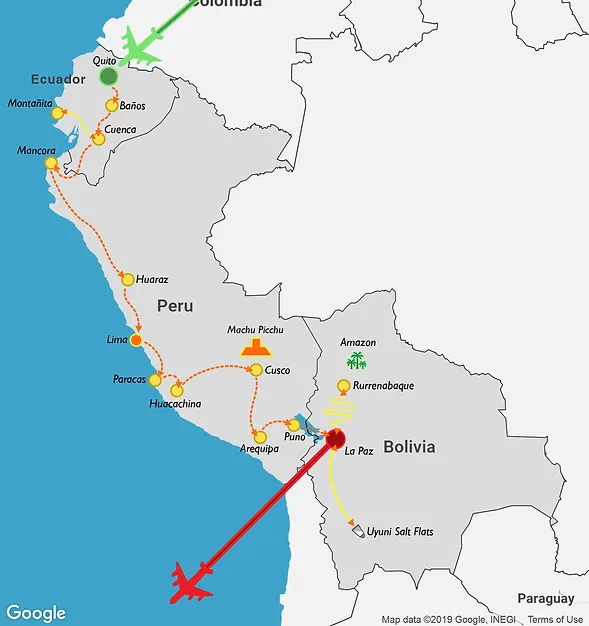 2 month itinerary map of a travel route through South America (Ecuador, Peru, Bolivia)